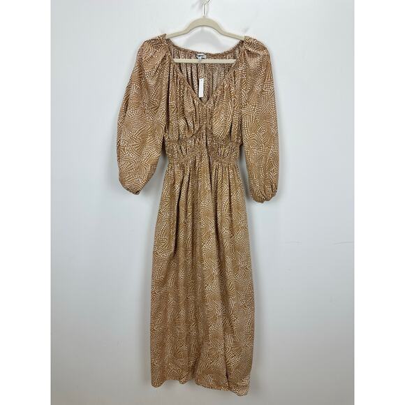 Madewell V Neck Balloon Sleeve Maxi Dress Spiral Dot Tan Smocked Boho US 00 NWT - Picture 8 of 16